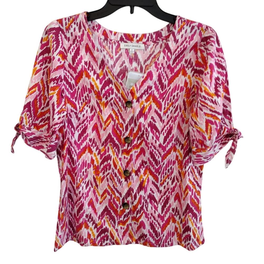 Emily Daniels Pink-Multi Ikat Linen-Blend V-Neck 1/2-Sleeve Button-Up Top Small